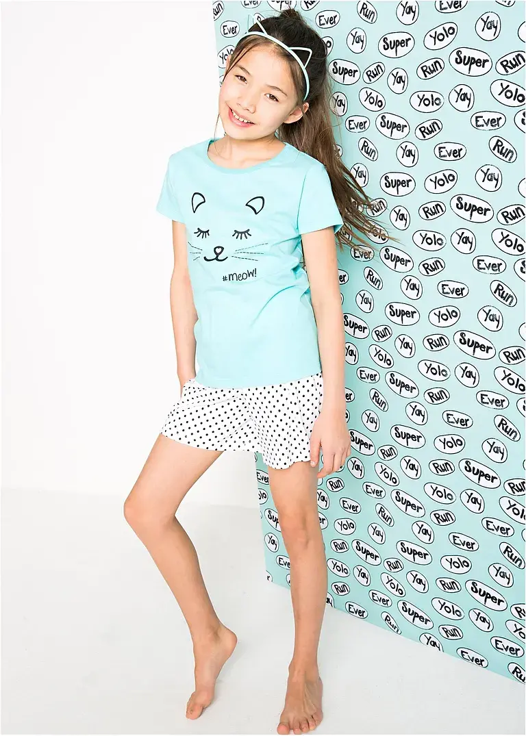 bonprix Bedruckter Pyjama mit süßem Print - aqua/weiß bedruckt Blitzangebot