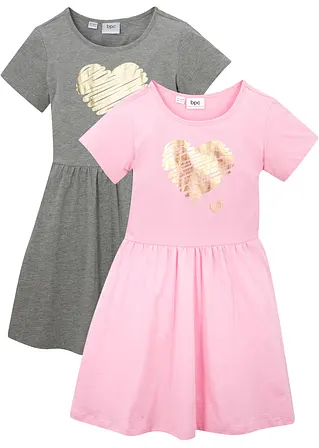 bonprix Doppelpack Mädchen Jerseykleid mit Druck - puderrosa+grau meliert