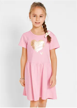 bonprix Doppelpack Mädchen Jerseykleid mit Druck - puderrosa+grau meliert Räumungsverkauf