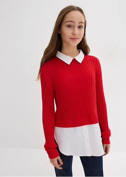 bonprix Mädchen Feinstrickpullover mit kontrastfarbigen Blusenbesatz Sonderangebot der Fabrik