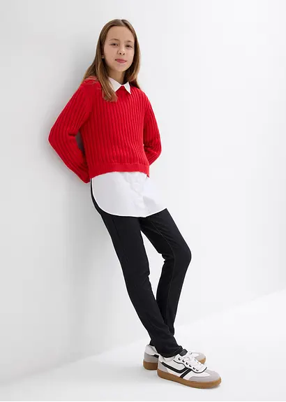 bonprix Mädchen Feinstrickpullover mit kontrastfarbigen Blusenbesatz Sonderangebot der Fabrik