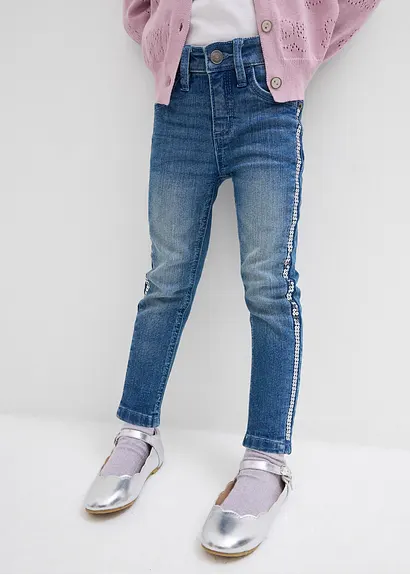 bonprix Moderne Mädchen Skinny-Jeans mit dekorativen Pailletten - blau Nur noch ein Tag übrig